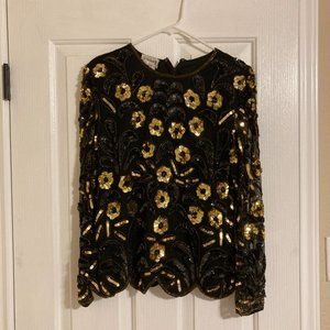 Vintage Stenay Beaded Sequin Shirt with Black and Gold Flowers